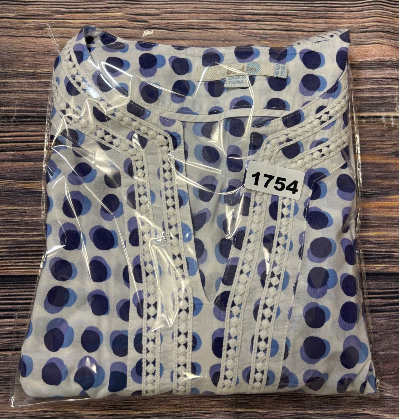 Boden Tunic Top Womens US 6R Blue Purple Polka Dot Cotton Crochet Trim Boho