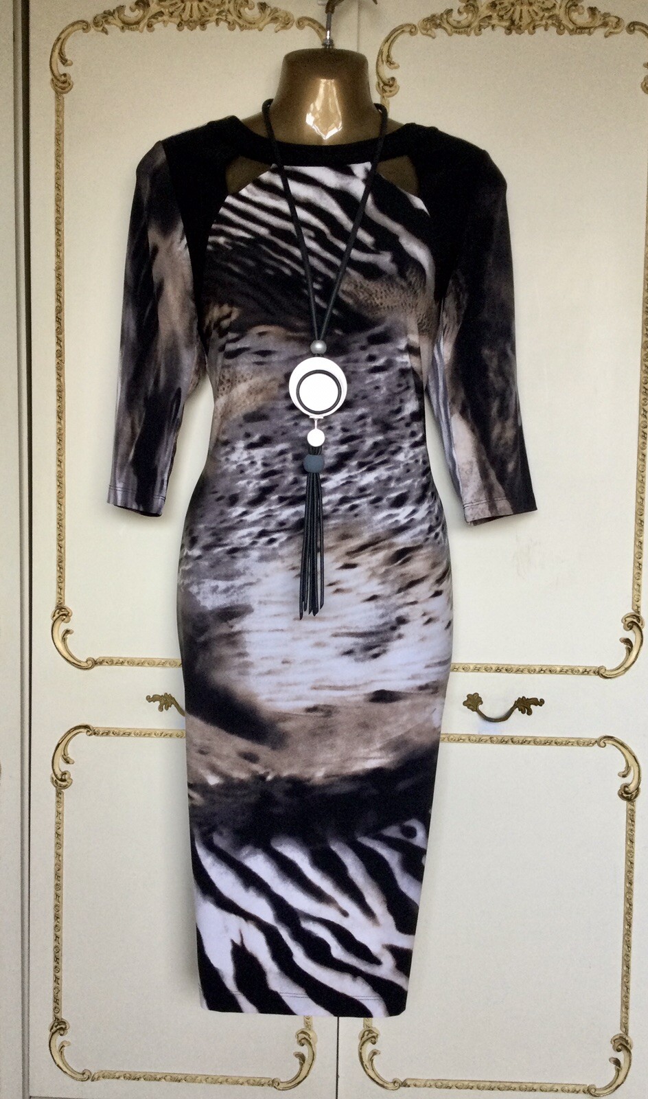 PICADILLY UK 10 Canadian Designer Black / Ivory Multi Print Dress NWT RRP £159