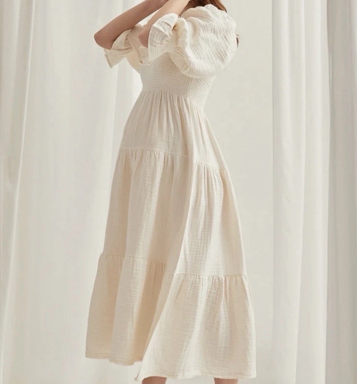 Nothing Fits But Cream Midi Dress L White Cotton Smocked Puff Sleeve Cottagecore