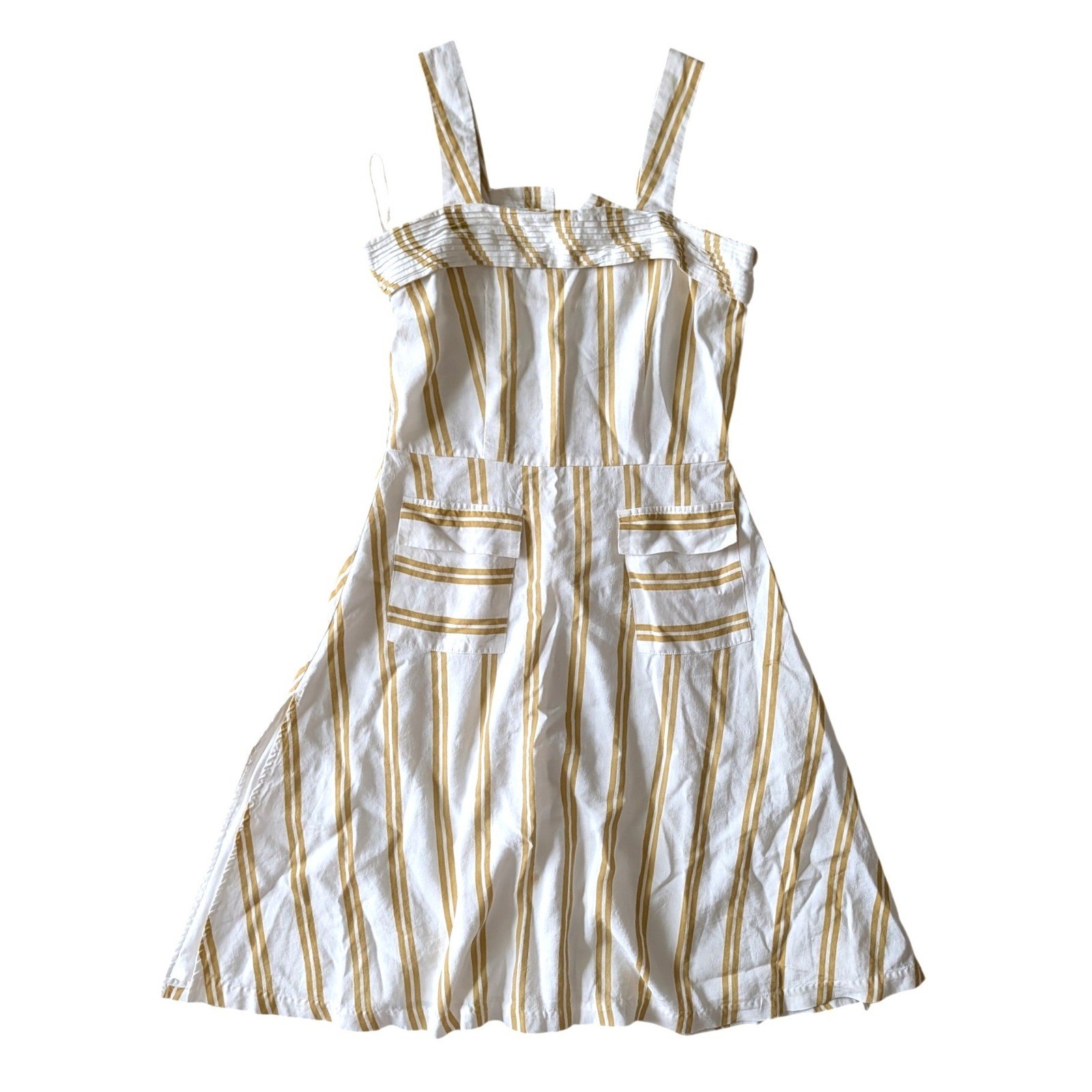 SANCIA Maise Dress White Mustard Yellow Striped Linen Blend Midi Sun Dress- S