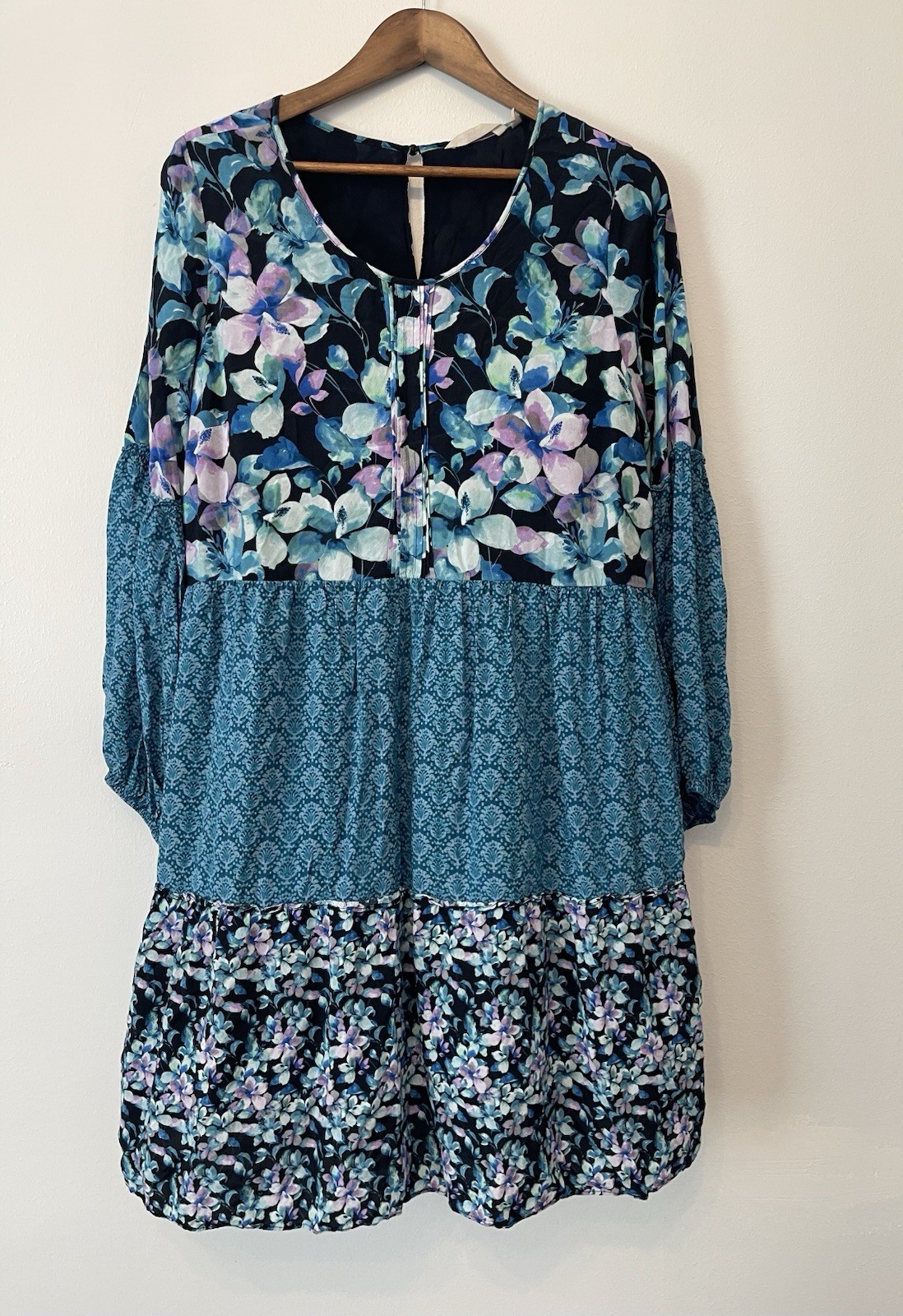 Soft Surroundings Night Bloom Tiered Boho Dress L Patchwork Blue Block Print