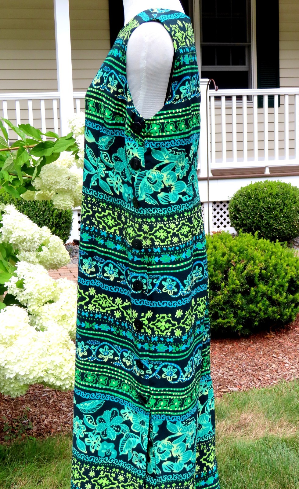 Coldwater Creek 12P Long Sleeveless Dress Blue Green Black Floral Low Side Slit