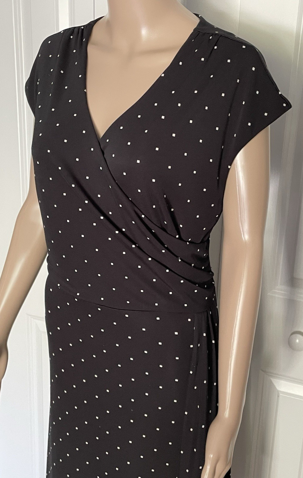 Talbots XLP Black Square Diamond Dotted Stretch Crossover V Neck Faux Wrap Dress