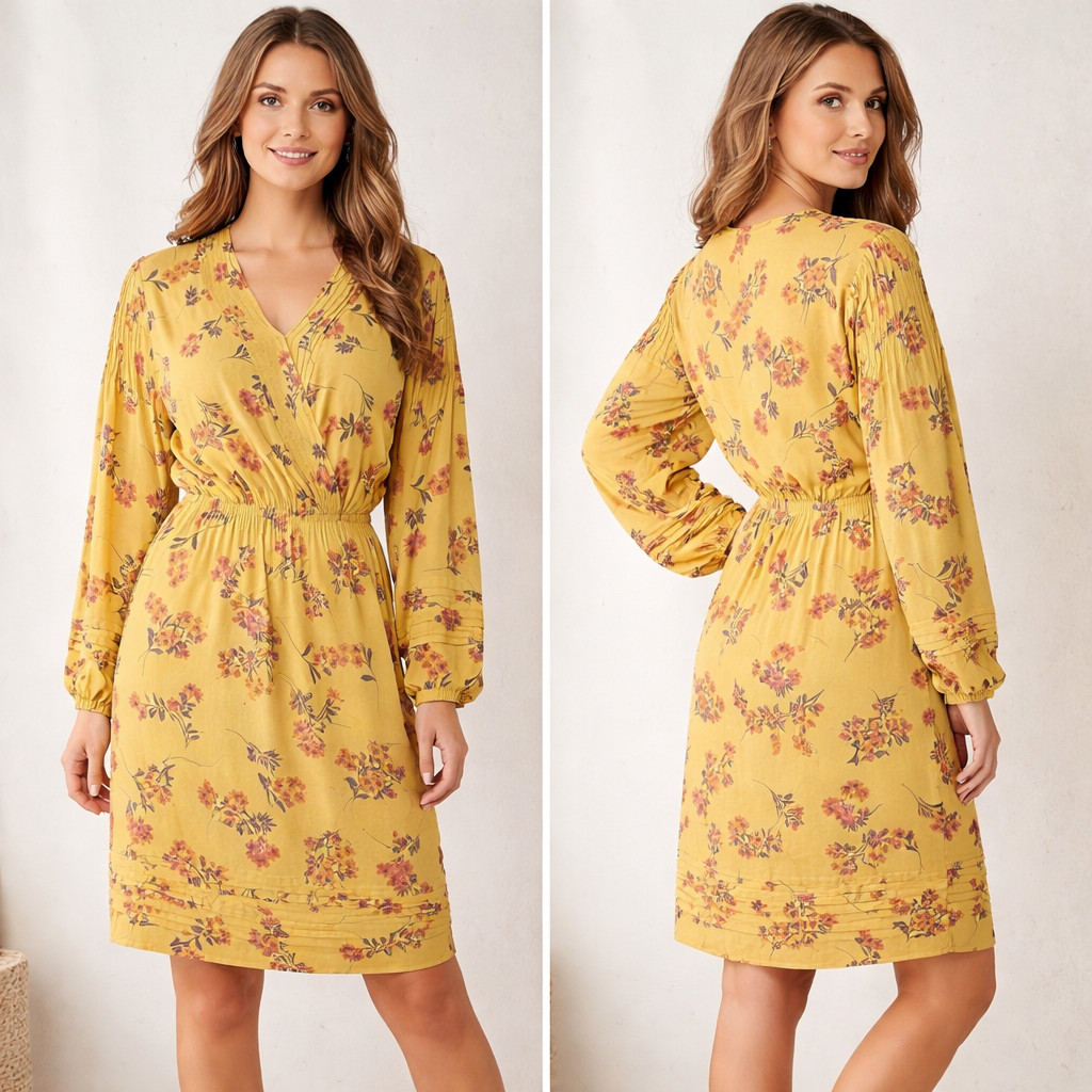 Daniel Rainn Amanda Surplice Dress Yellow Floral Long Sleeve Elastic Waist 2X