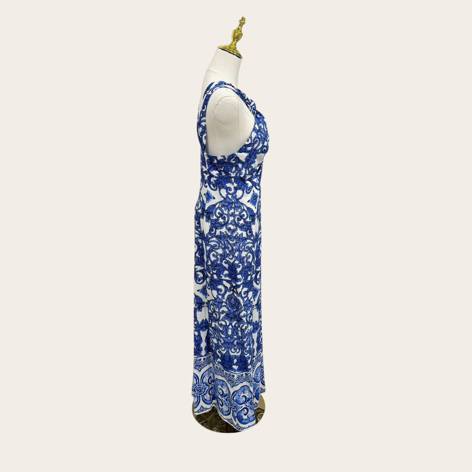 Antonio Melani Bronwyn Blue Tile Print Linen Blend A-Line Halter Maxi Dress SZ 4