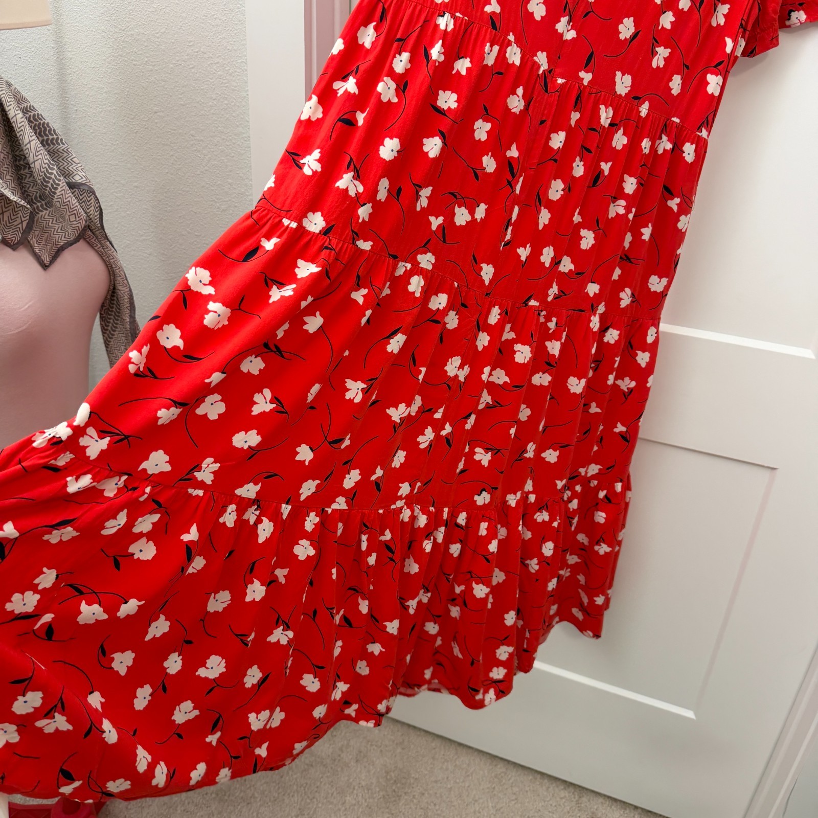 J.Crew Re-Imagined Red Floral Tiered Midi Dress XL Puff Sleeve 100% Viscose