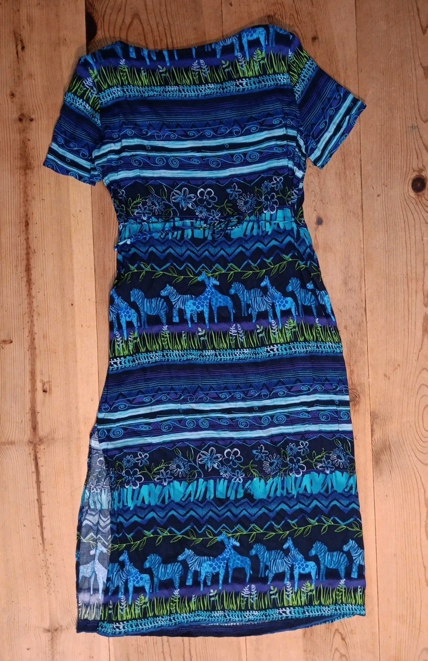 Vtg 90s Cimmaron Midi Dress Womens XL Floral Safari Animals Tie Back Boho Rayon