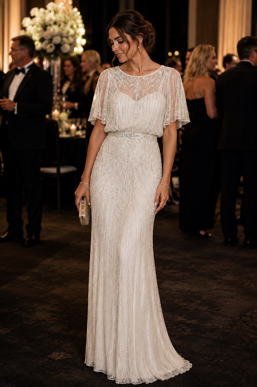 JENNY PACKHAM Beaded Ivory White Maxi Gown UK 18 US 14 Cape Bridal Wedding 🟡