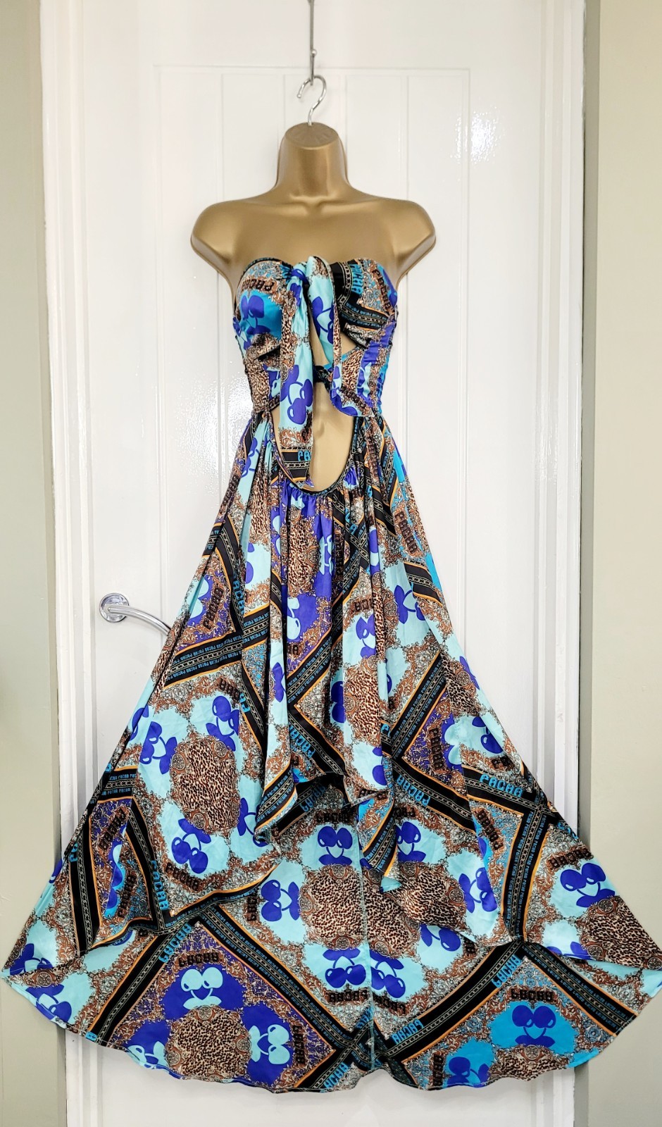 River Island size 8 10 Small PACHA blue satin cut out tie beach pool party dress