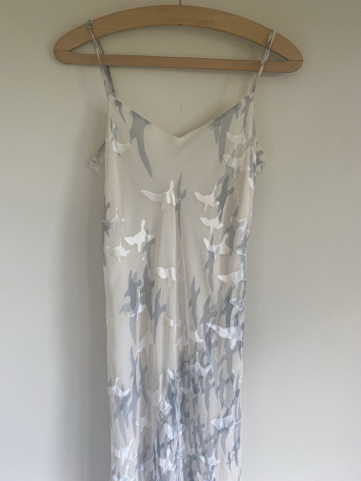 4LoveAndLiberty Small Off White Silk Devore Bird Dove Print Cascading Maxi Dress