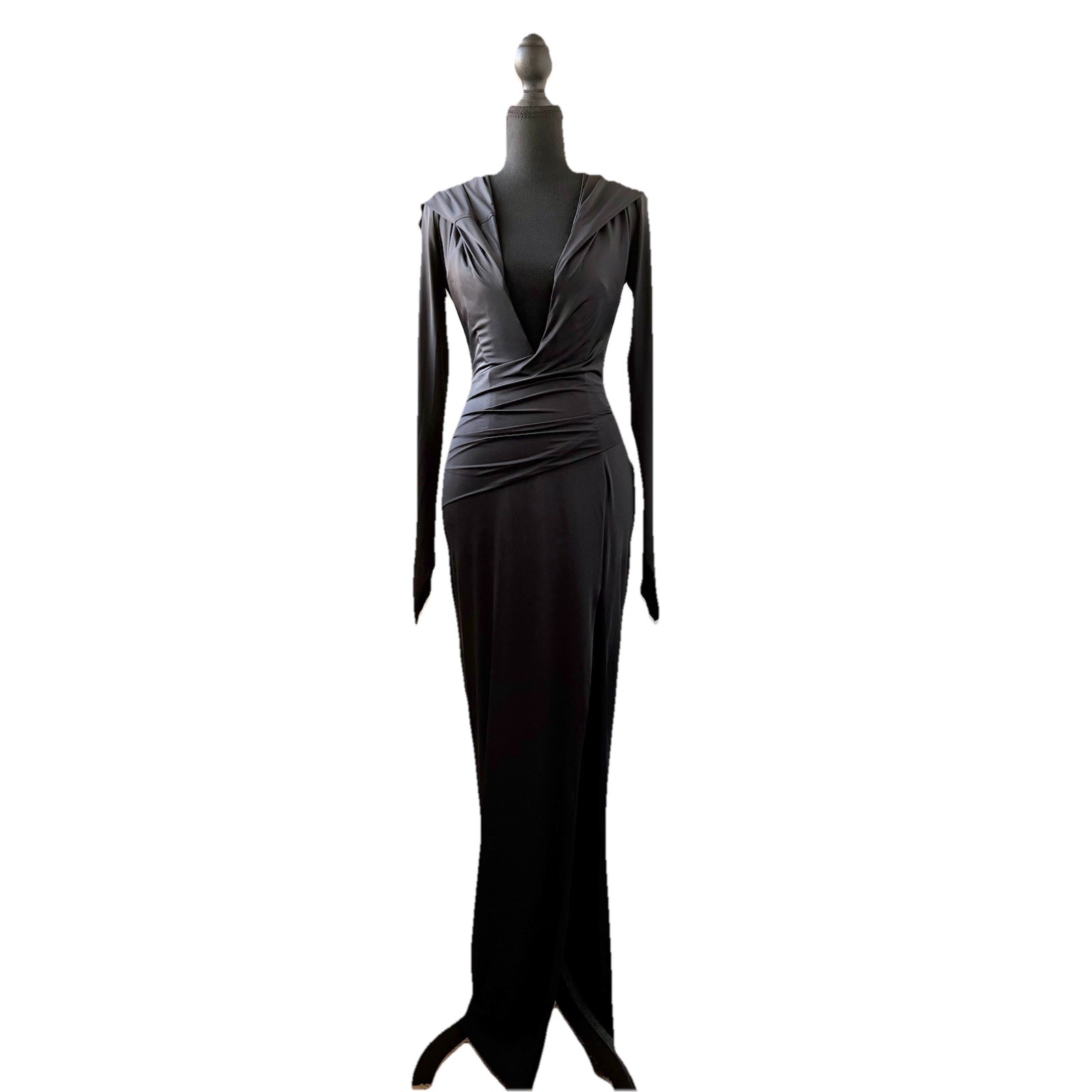 Oh Polly Black Hooded Open Back Maxi Dress Bodycon Ruched Long Sleeve M