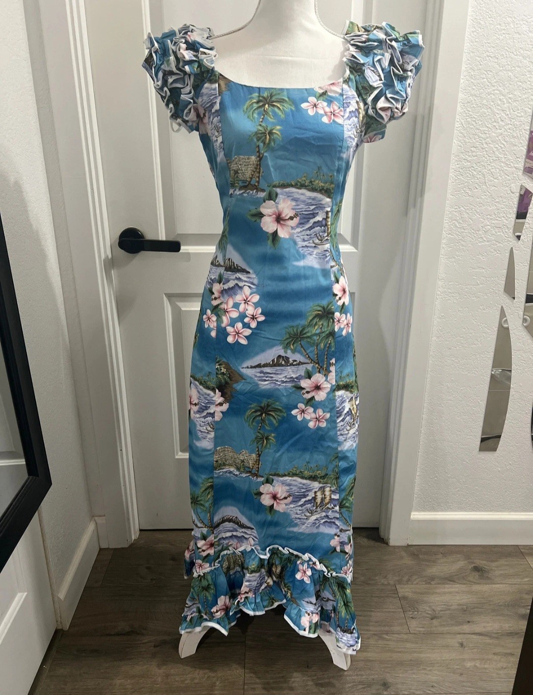 Ky’s Hawaii Muumuu Dress Womens Blue Floral Cotton Vintage Sundress