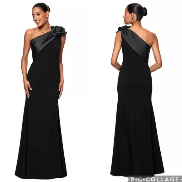 Betsy & Adam Black Rosette One-Shoulder Crepe Mermaid Gown Size 16 $269