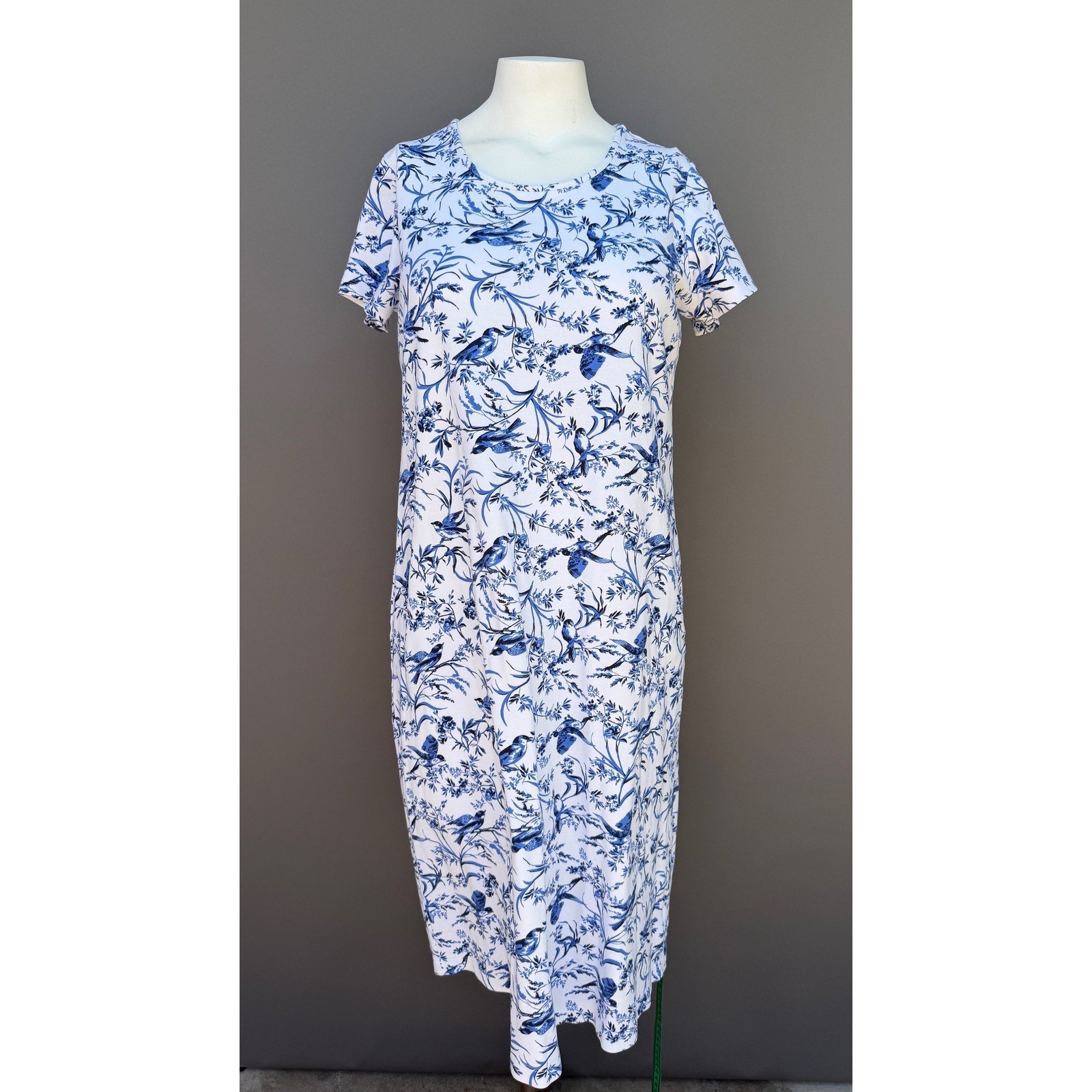 Lands End Dress Womens M 10-12 Blue White Bird Floral Knit Sheath Coastal Preppy