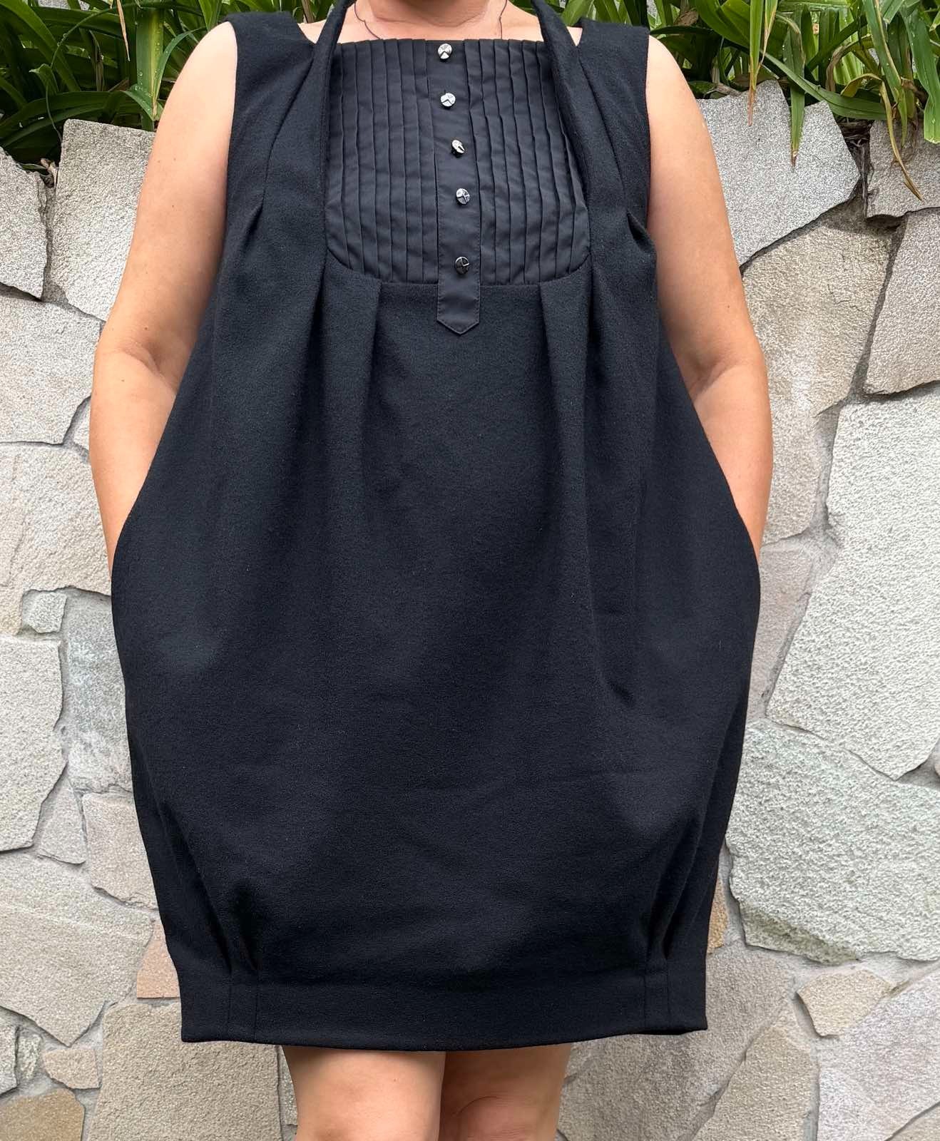 Jesire Red 100% Wool Bubble Cocoon Dress UK 8 Pleated Bib Pockets Lined