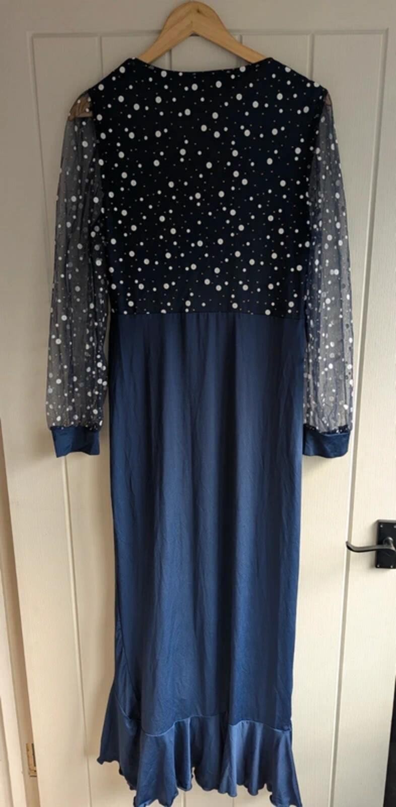 Navy Polka Dot Maxi Dress Size XL | Sheer Long Sleeve Ruffle Evening Occasion