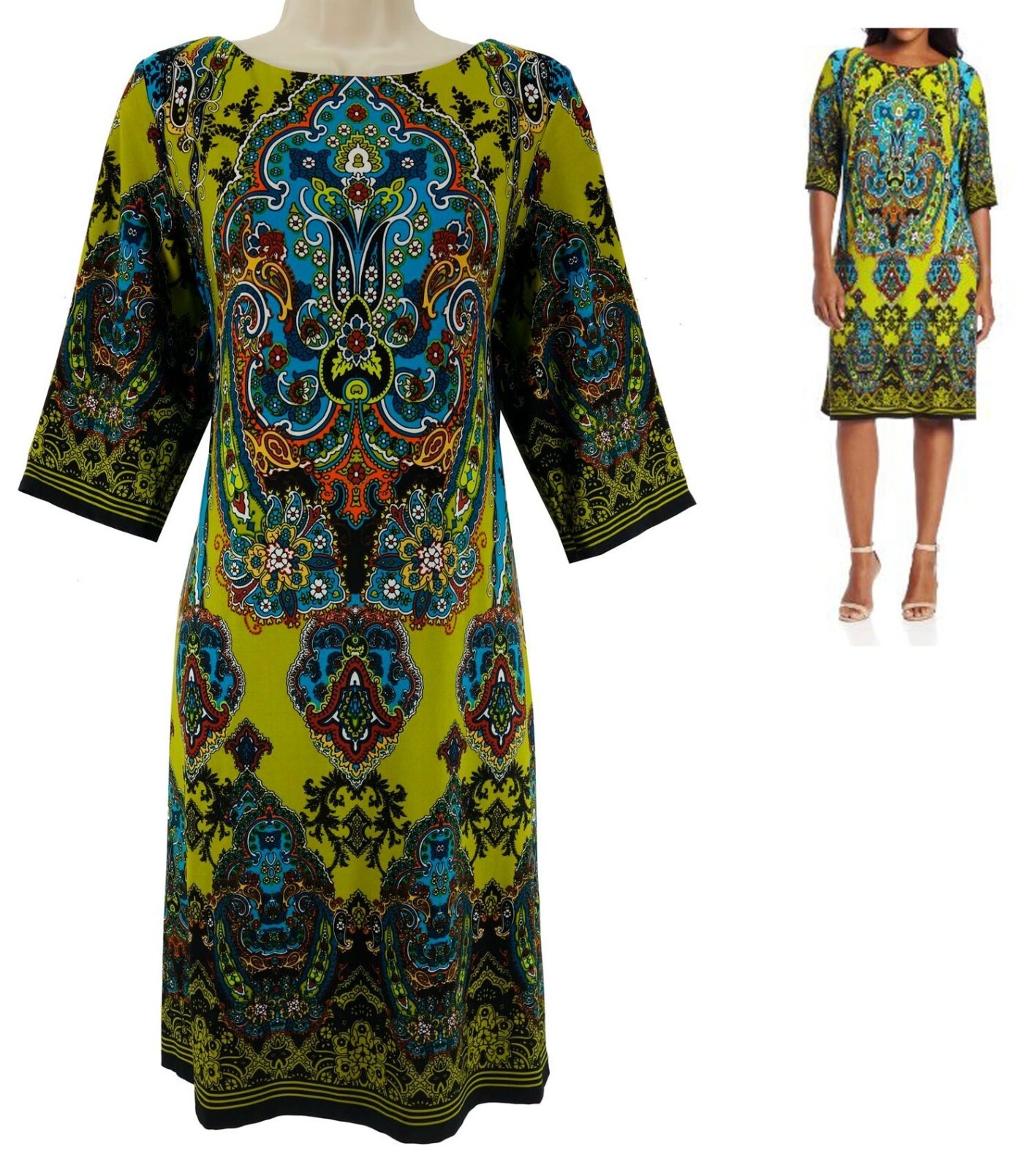 Size 16 XL 1X Paisley Print Knit Shift Dress Classy Career All-Season Plus Size
