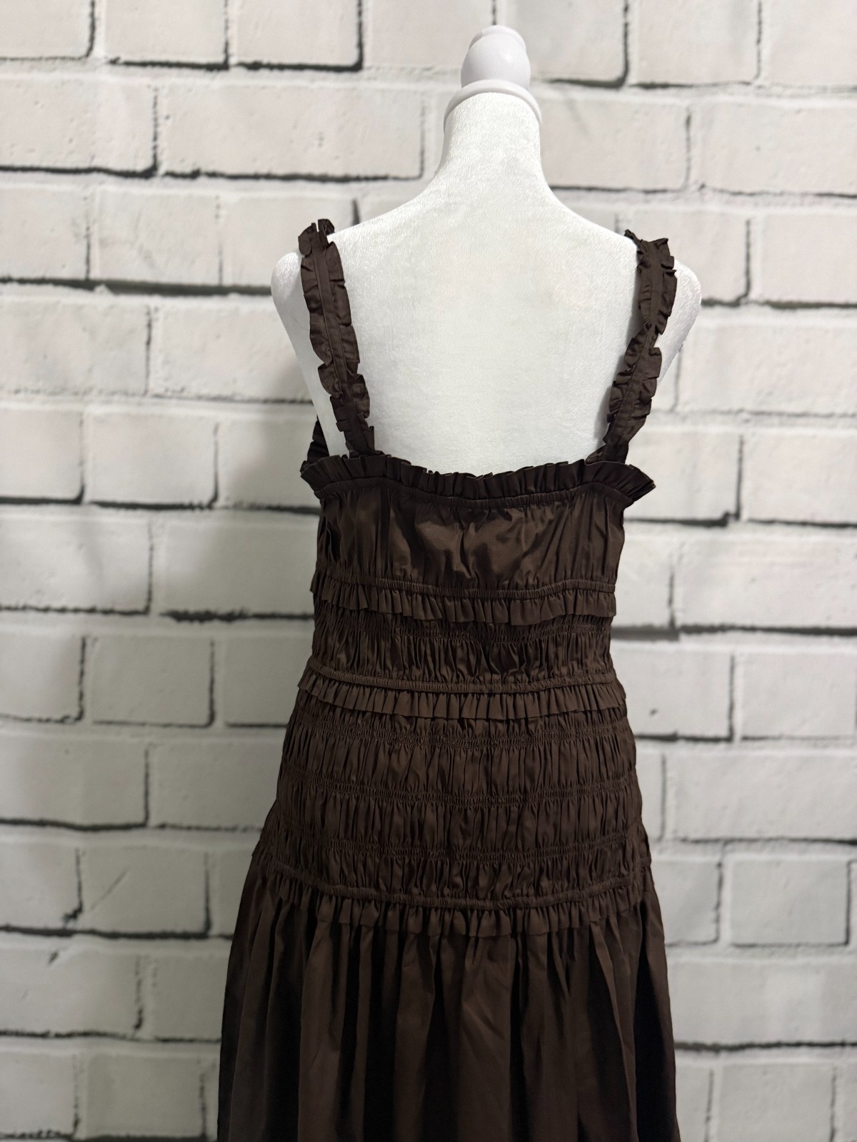 NWT Caroline Constas Brown Smocked Cotton Midi Dress Ruffle Straps S