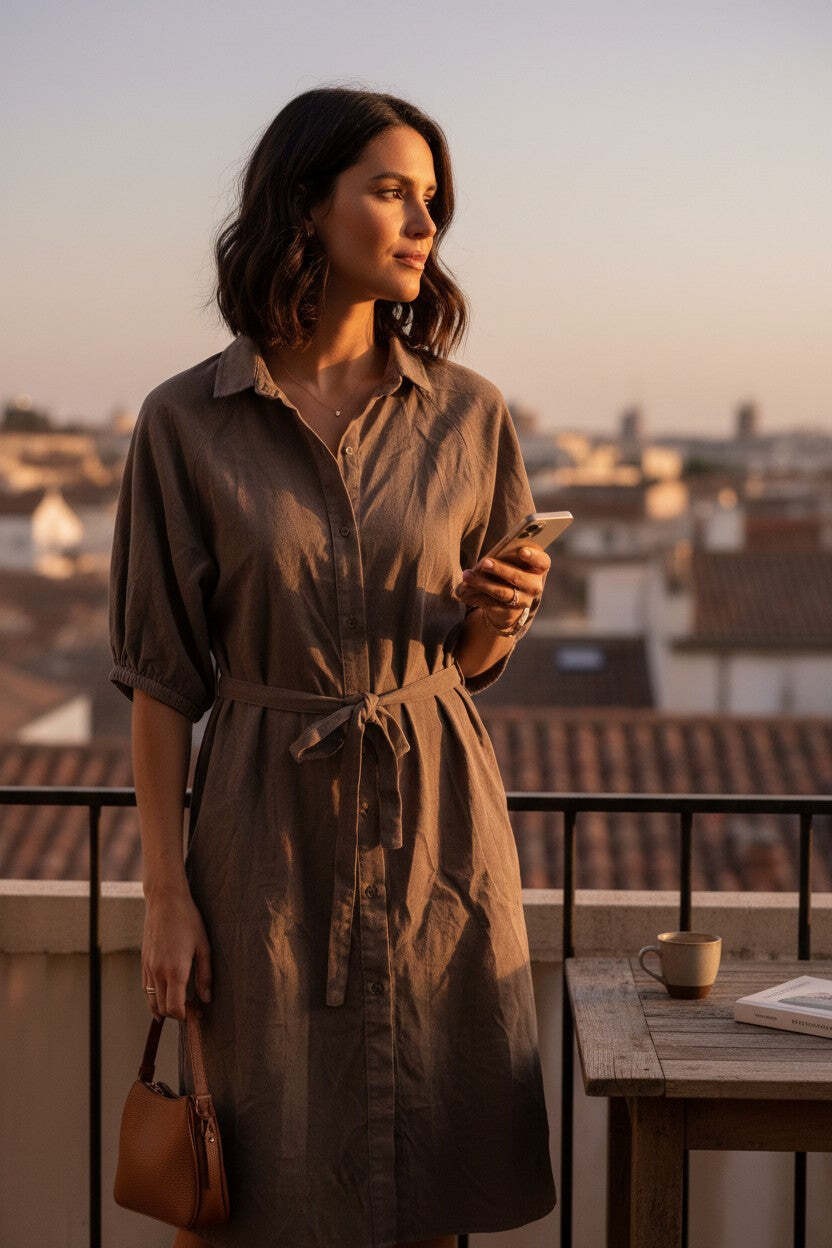 Brown Button-Up Short Sleeve Dress with Belt