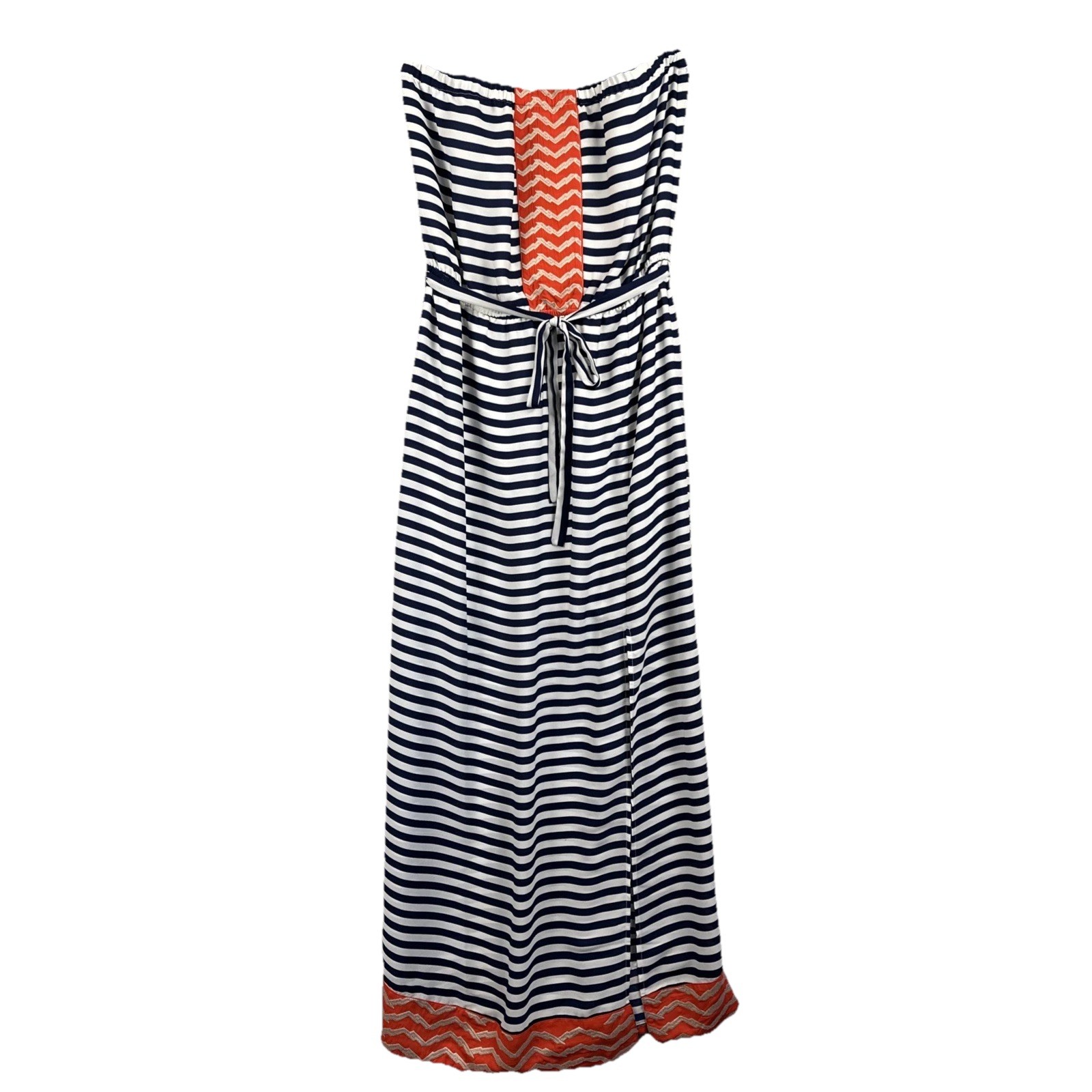 THML Strapless Striped Maxi Dress Sz L Navy White Red Slit Embroidery Nautical