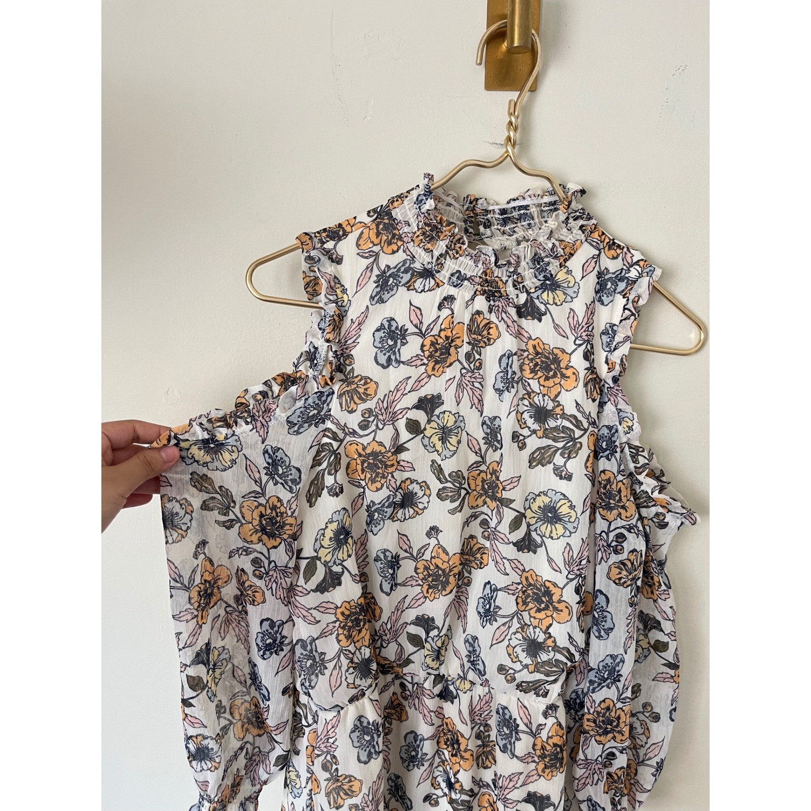Eyeshadow Floral Cold Shoulder Mini Dress White Orange Blue Mock Neck Large
