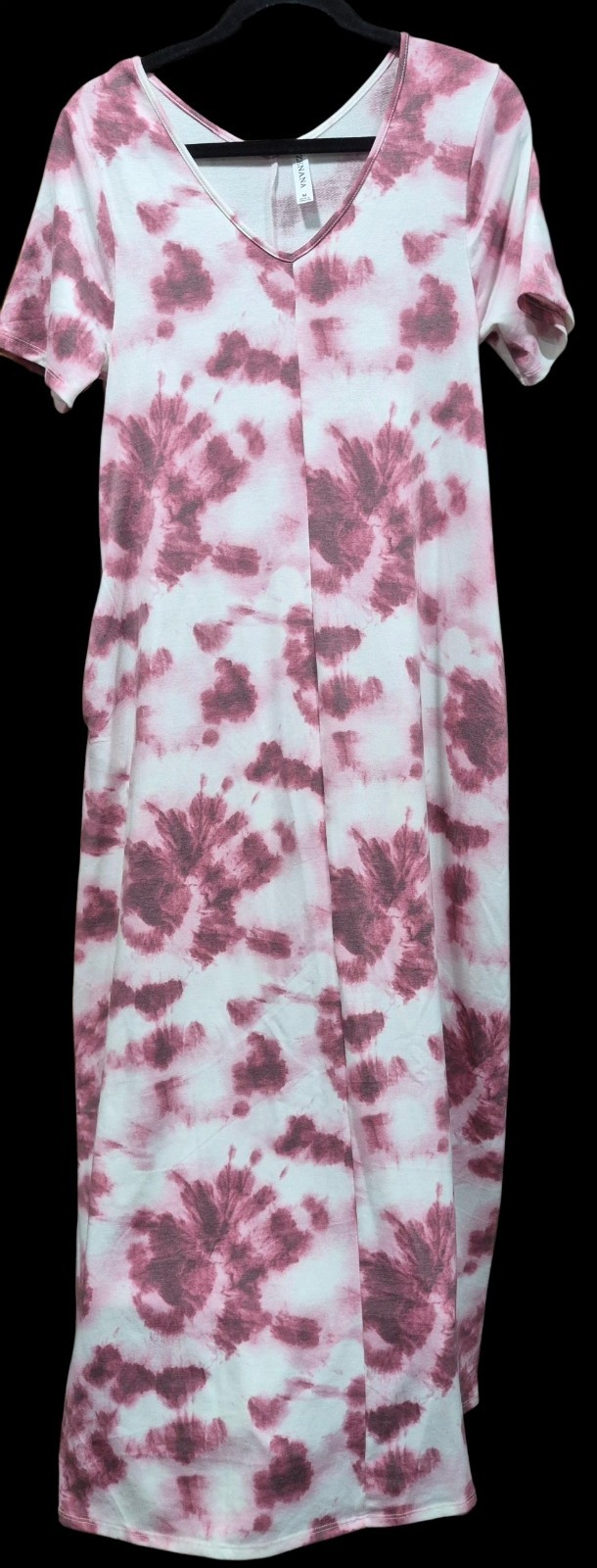 Zenana Women’s M Pink/White Tie Dye V-Neck Short Sleeve Maxi Midi Dress