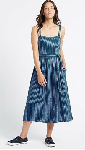 New Marks & Spencer Blue Linen Blend Striped Midi Skater Dress 22