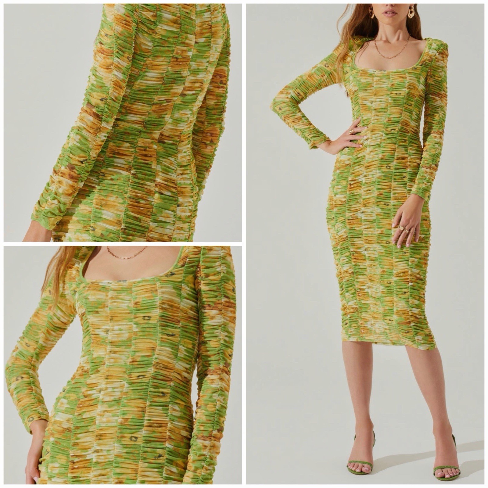 ASTR the Label Lime Yellow Floral Ruched Mesh Midi Dress Size Medium Worn Once