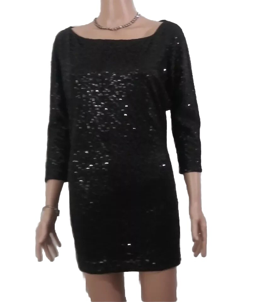 Black Sequin Dress (SIZE TAG MISSING) Bust 32in Length 30in Boat Neck 3/4 Sleeve
