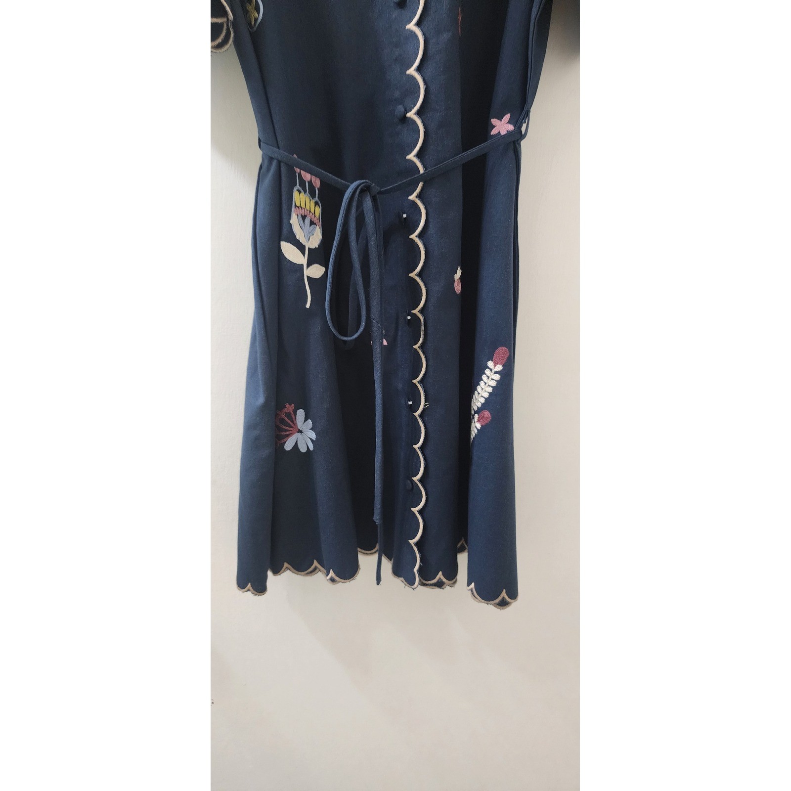 MABLE Navy Blue Embroidered Scalloped Linen Blend Mini Shirt Dress MD4896A M