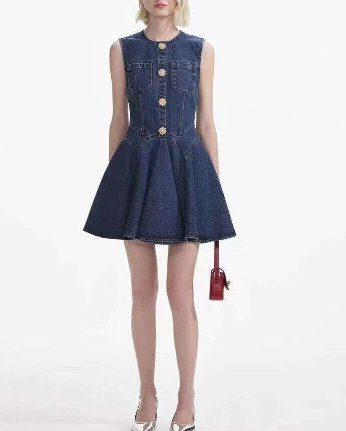 Self-Portrait Round Neck Sleeveless Tank Dress Denim Dress for Ladies
