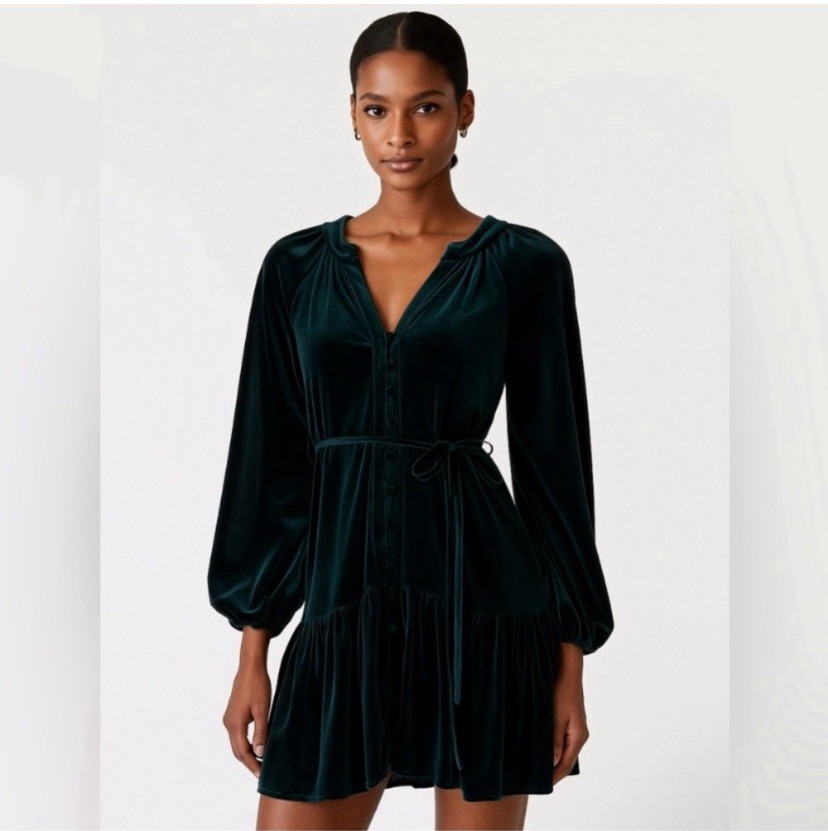 NWT Alex Marie V-Neck Dark Green Velvet Long Sleeve Button Front Dress Size 18