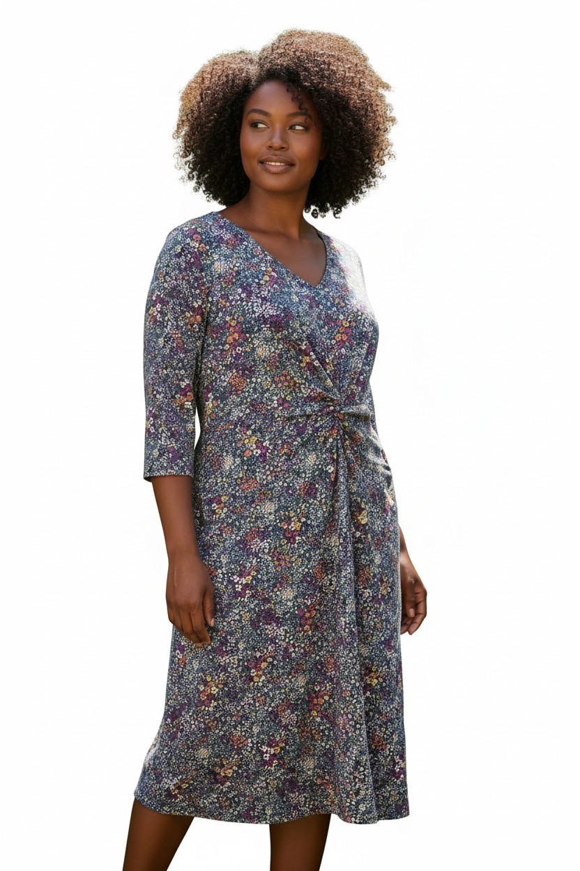 Lands End Dress Womens 2X 20W-22W Ditsy Floral Knotted Front Stretch V-Neck