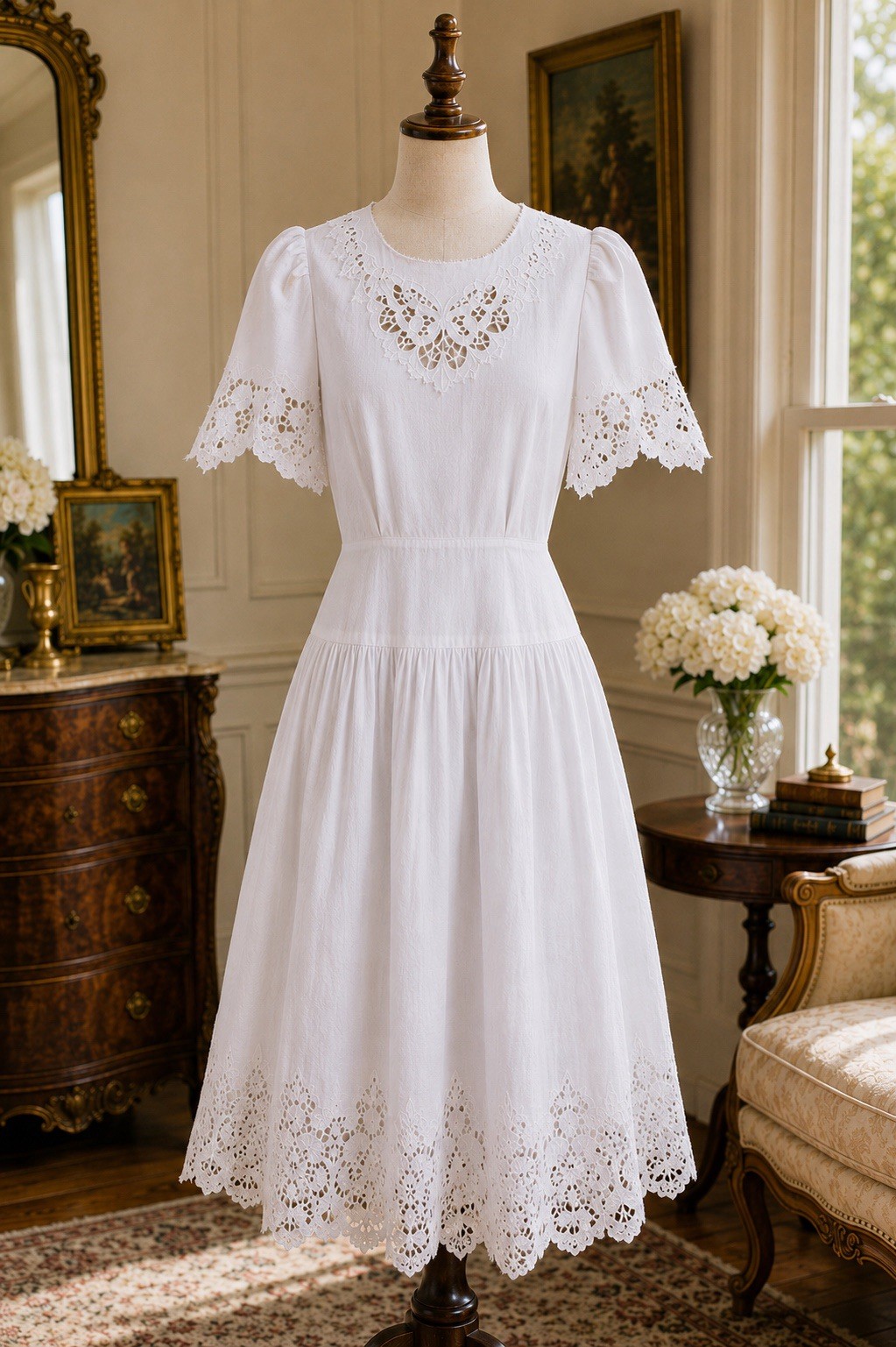 VTG Connection Linen Batterberg Lace Dress 10 Cottagecore Prairie Romantic HH21
