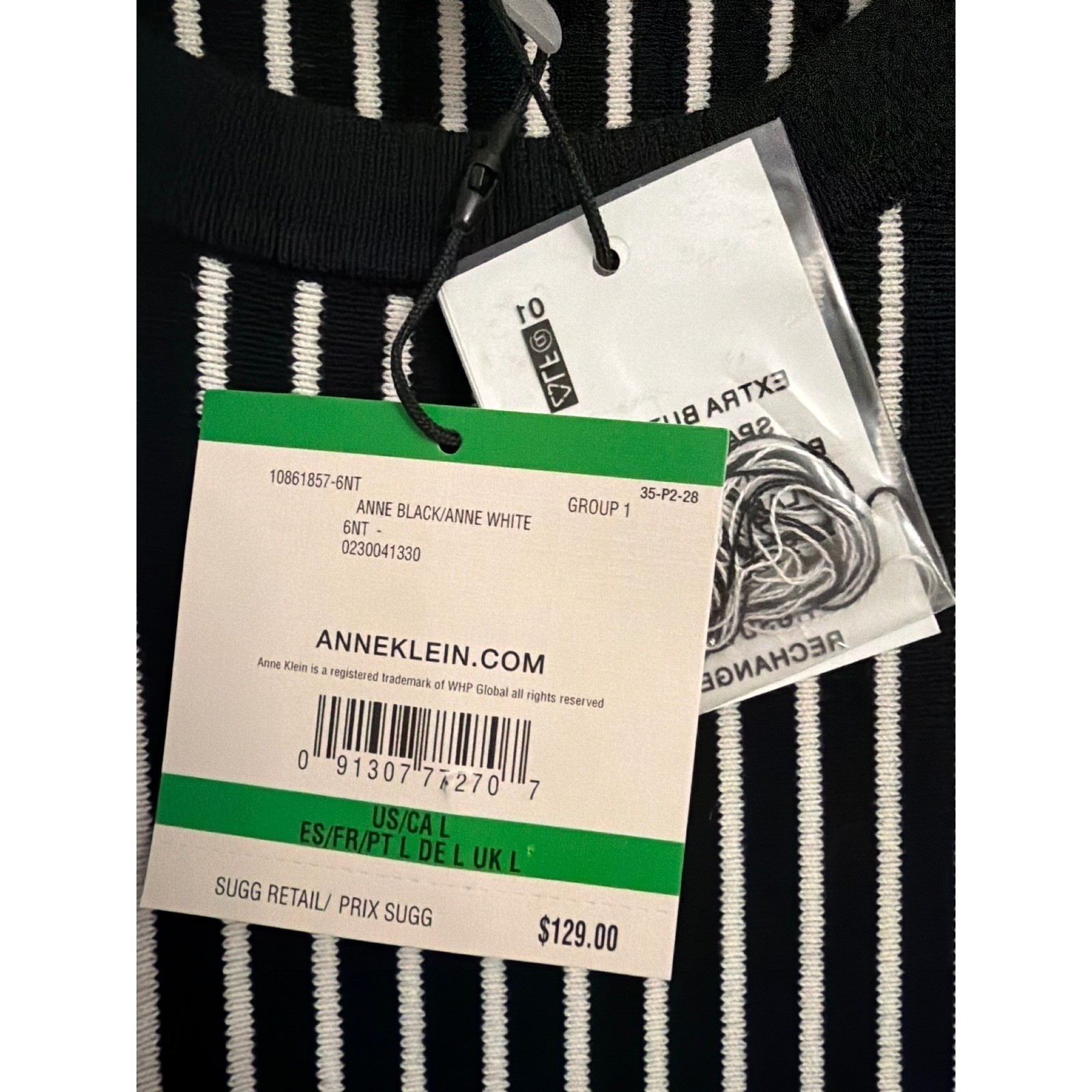NWT Anne Klein $129 Black White Striped Knit Fit & Flare Dress Sleeveless Large