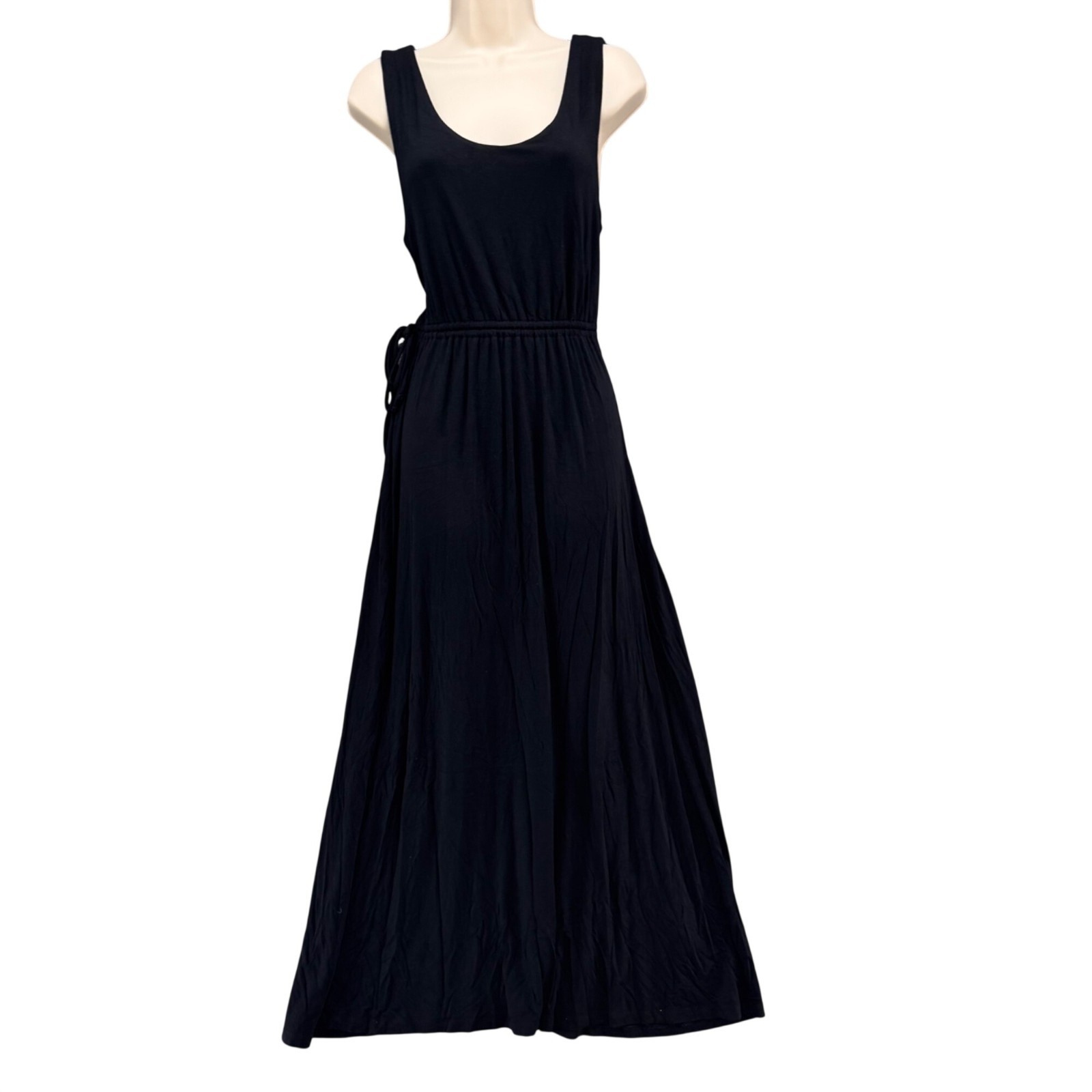 Adrienne Vittadini Maxi Dress Black Sleeveless Jersey Stretch Tie Waist Size L