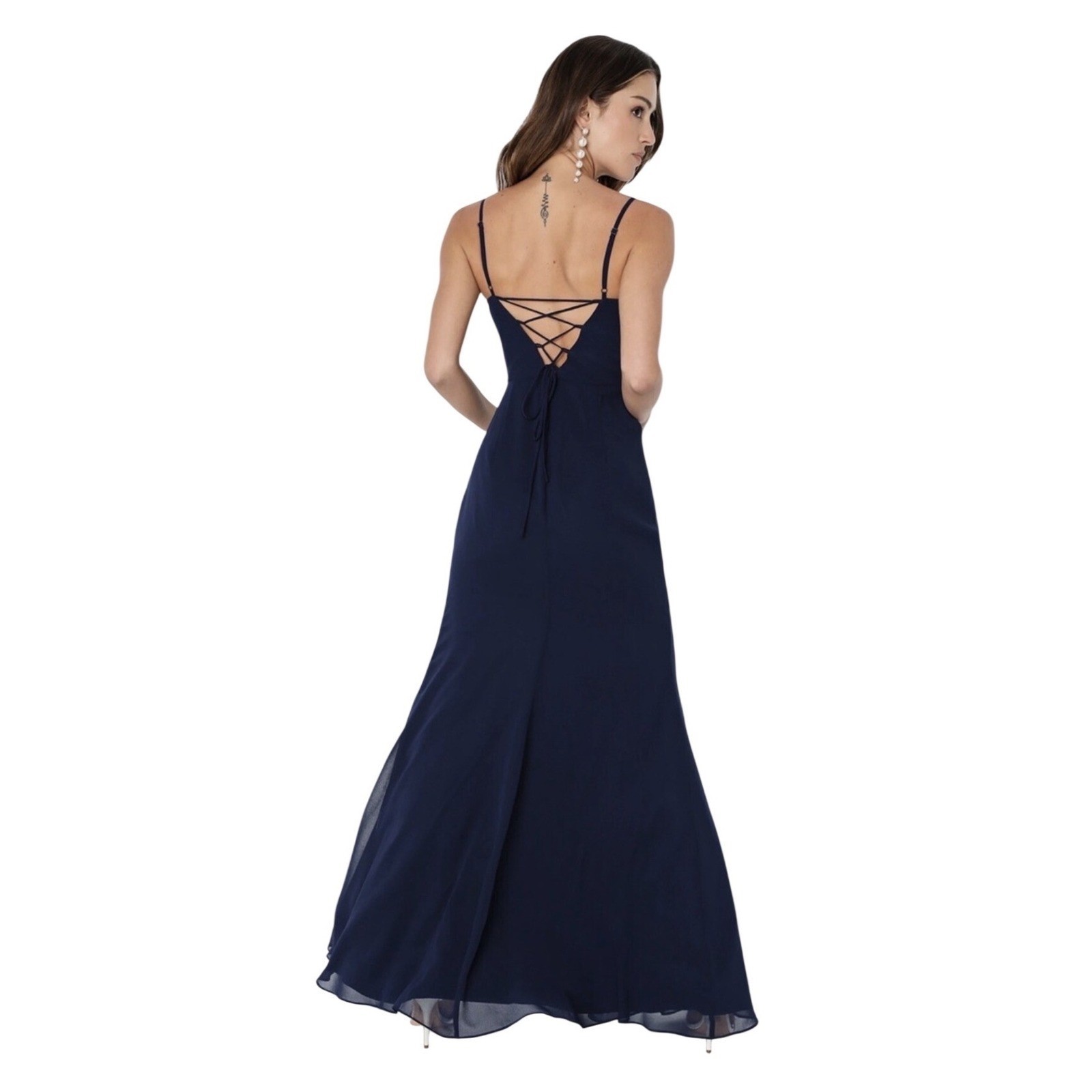 Lulus Feeling Elegant Navy Blue Lace Up Slit Maxi Dress Womens Small Formal Gown