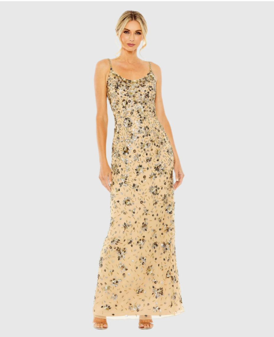 MAC DUGGAL 5477 BEIGE GOLD EMBELLISHED SCOOP NECK EVENING GOWN sz 6