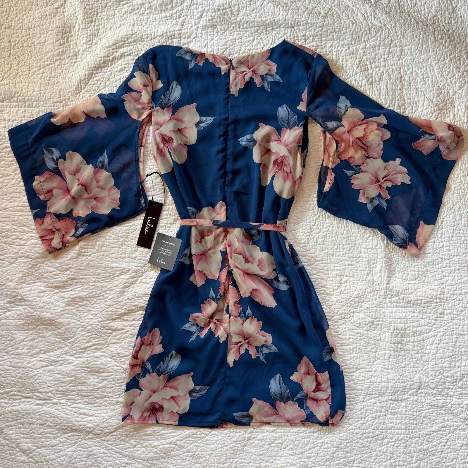 NWT Lulus Joyful Noise Denim Blue Floral Print Mini Dress Blue Chiffon Size S