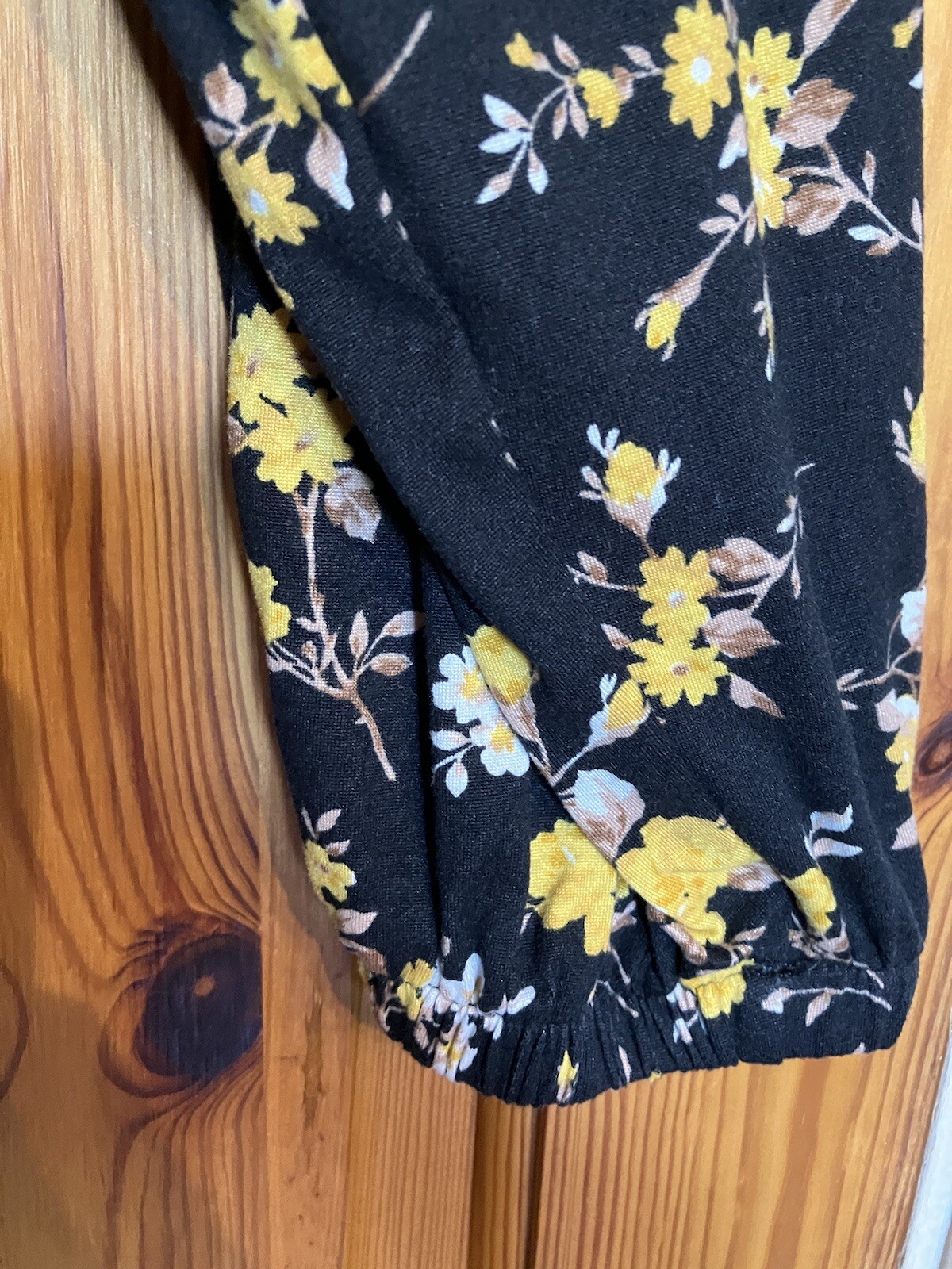 Black With Yellow Floral Pattern Knee Length Dress, XL by Pep&Co Long Sleeve
