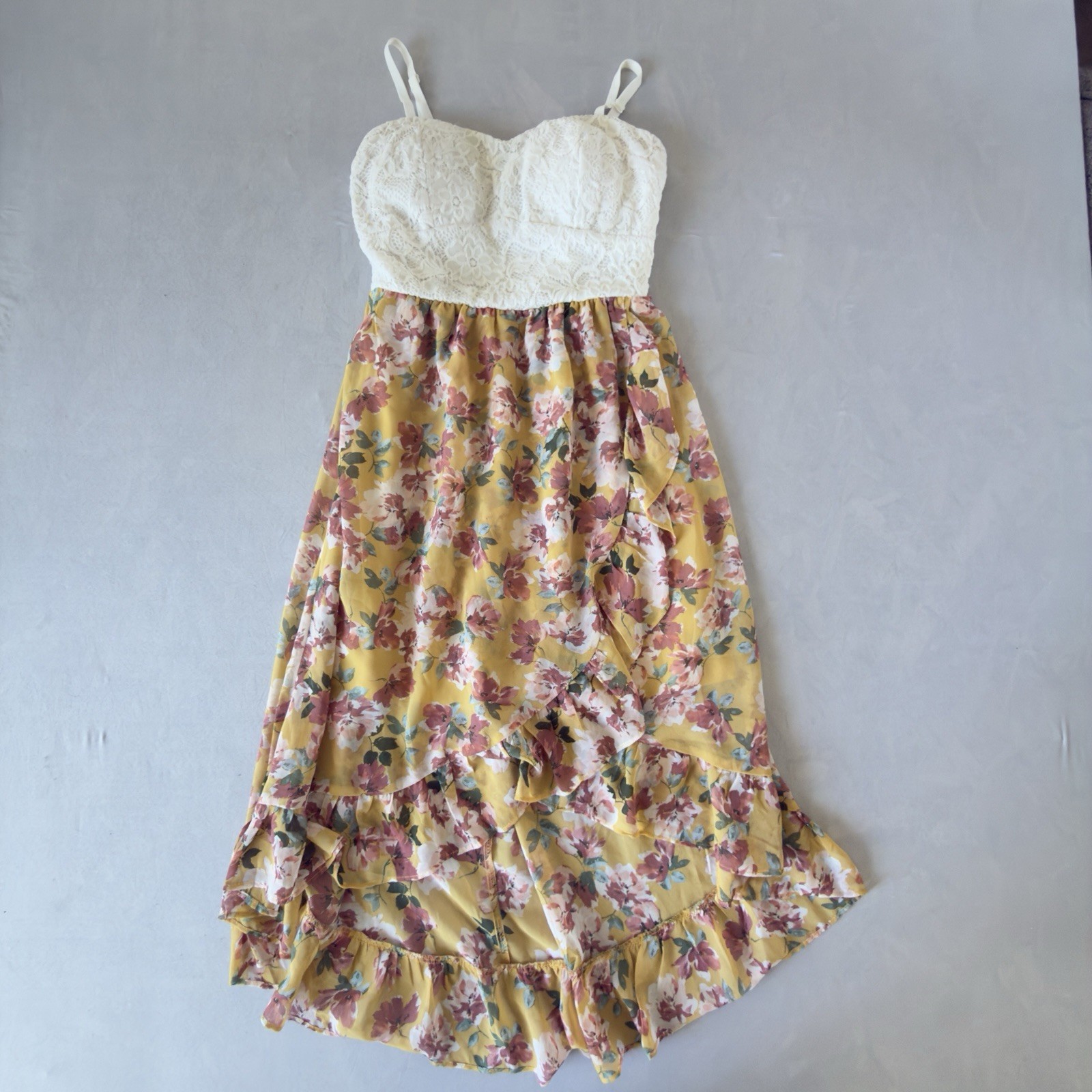 As U Wish High-Low Floral Maxi Dress – Lace Bustier & Ruffle Skirt (Size M)