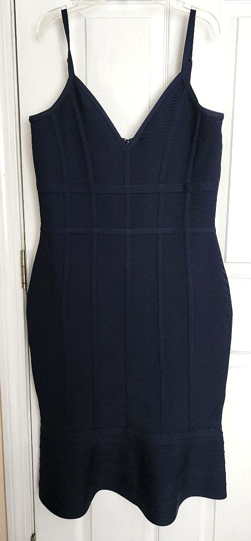 VENUS Navy Blue Bandage Dress with Bodycon Silhouette & V-neck, Large