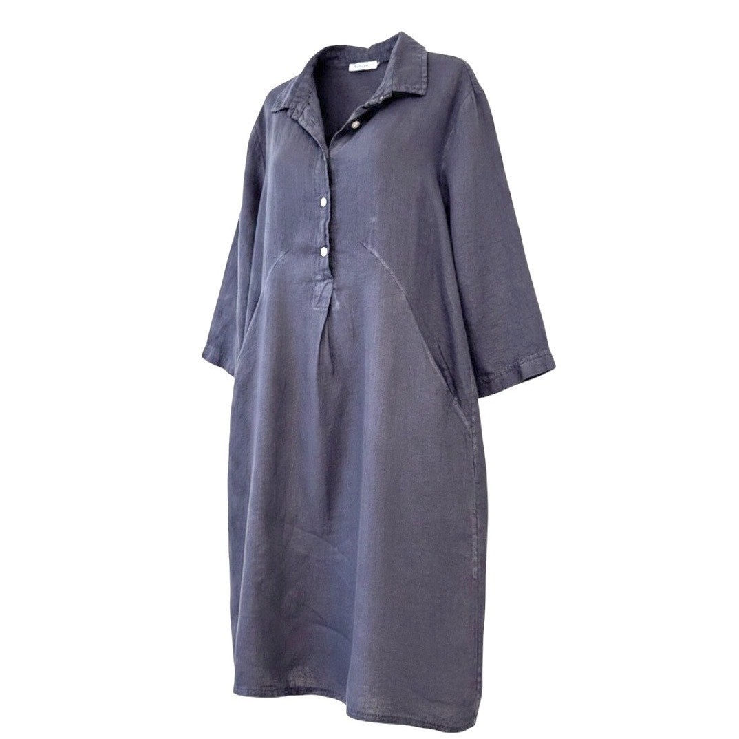 Elena Baldi Italy Navy Blue 100% Linen Button Front Tunic Shirt Dress XL