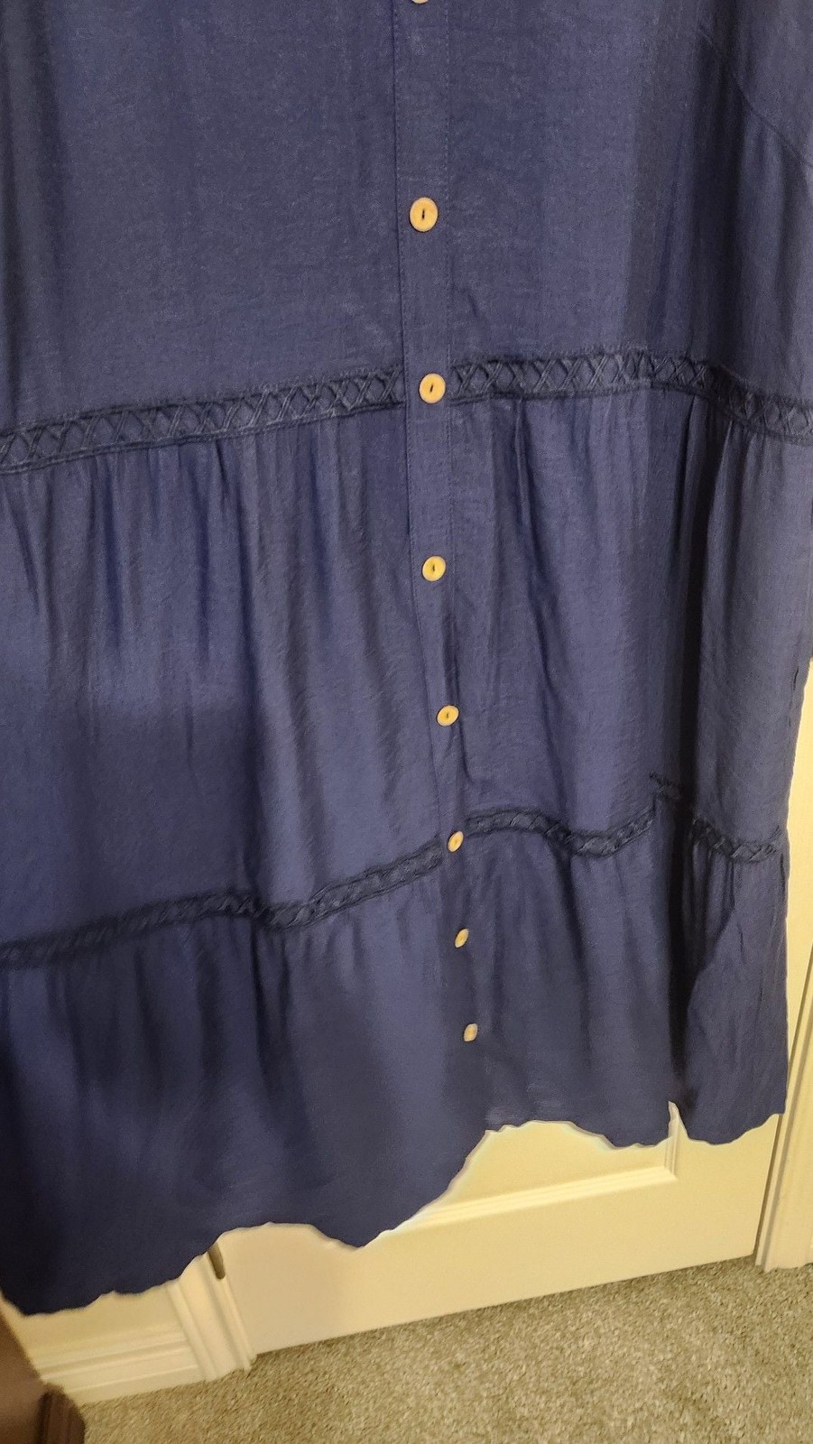 Bloomchic Navy Blue Tiered Button-Front Midi Dress with Eyelet Detail