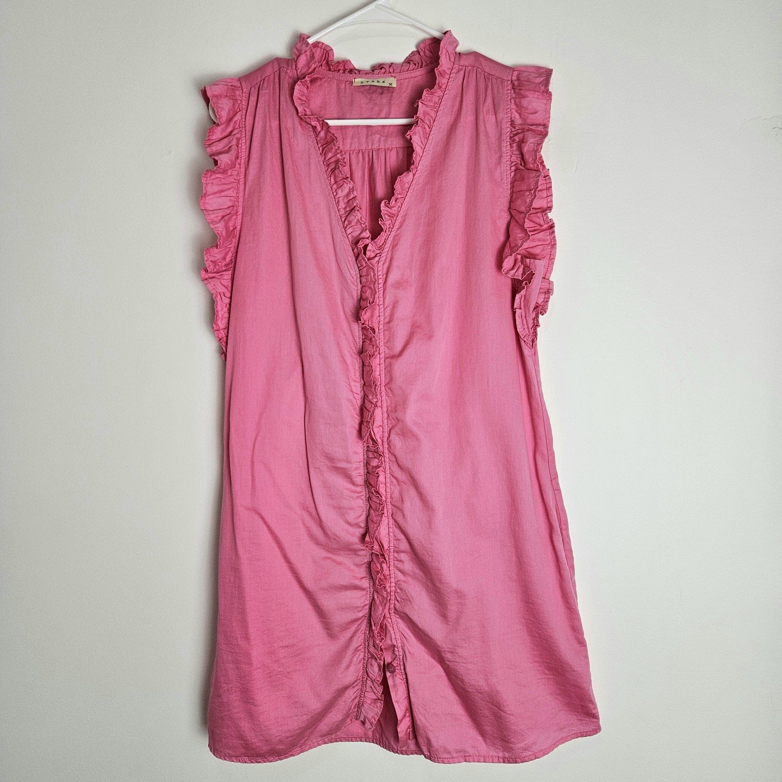 Stark X Dress Womens Sz M Ruffle V-Neck Cotton Pockets Mini Bubblegum Pink USA