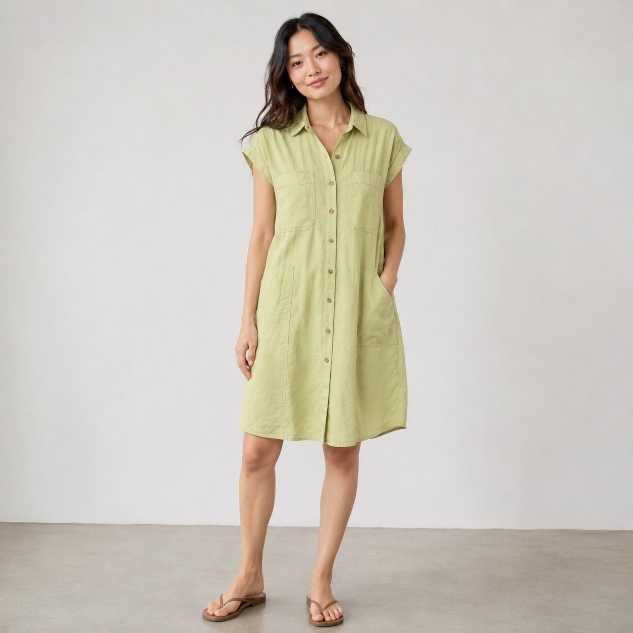 Universal Thread Button Front Shirt Dress Sage Sz L Coastal Chic Resort Wear