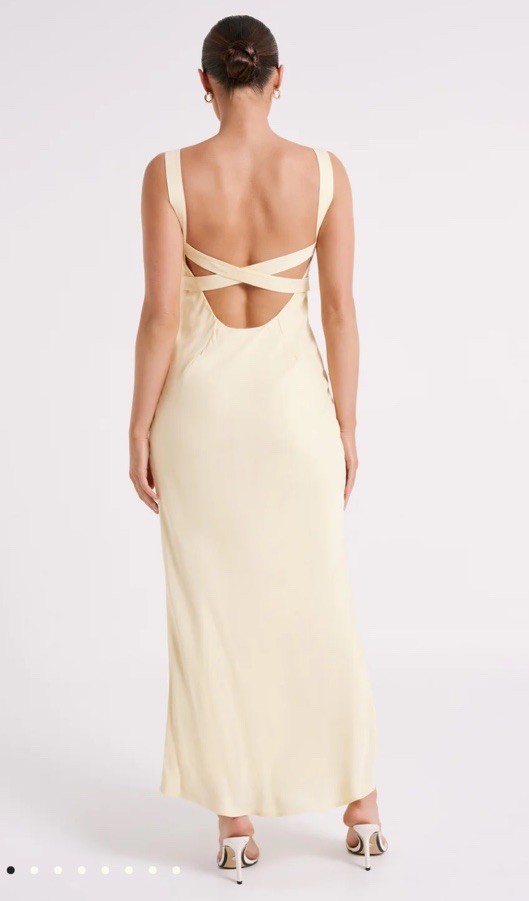 MESHKI Butter Yellow Satin Low-Cut Back Sleeveless Maxi Dress Size XS NWT