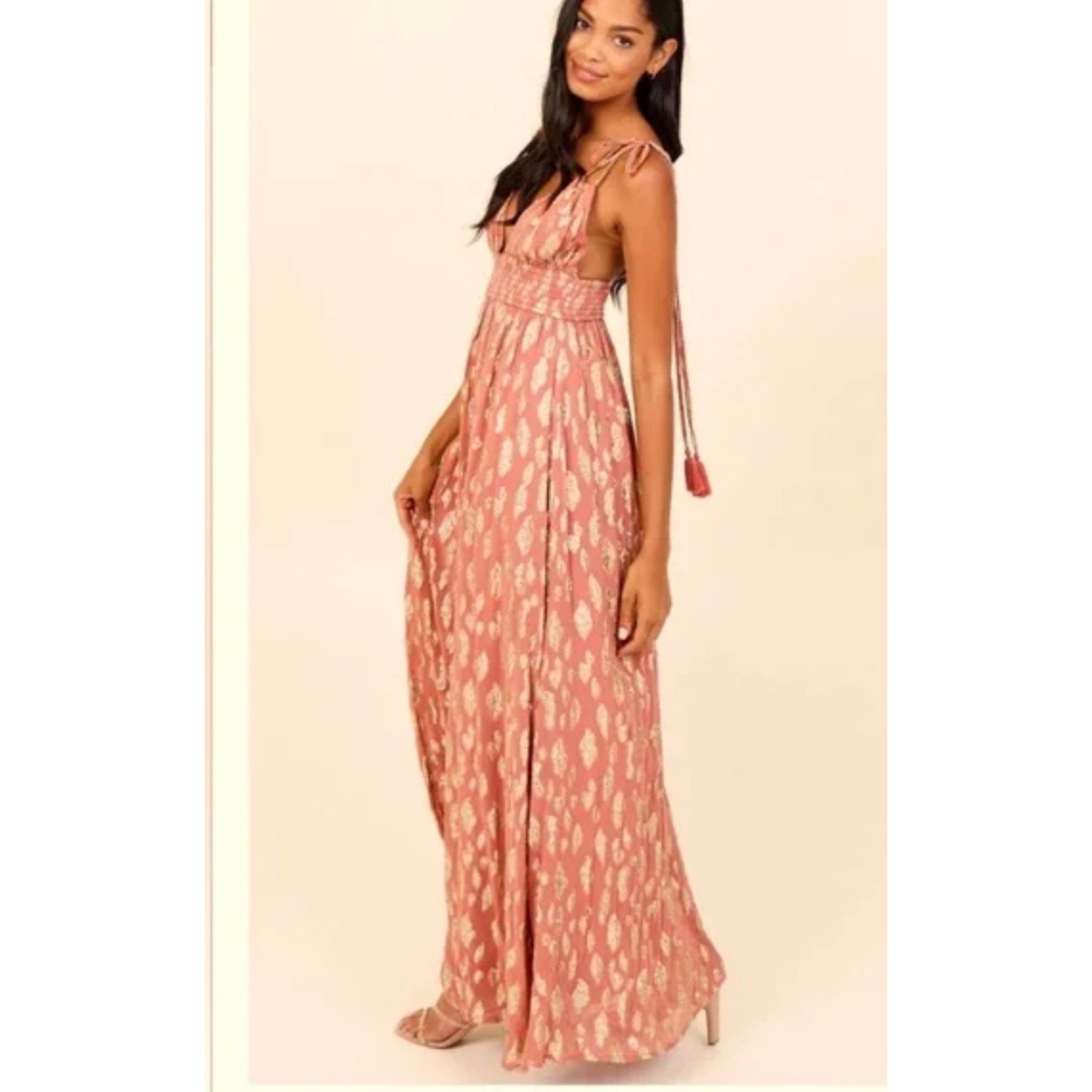 Altar’d State Pink Gold Metallic Maxi Dress Smocked Waist Tassel Straps Small