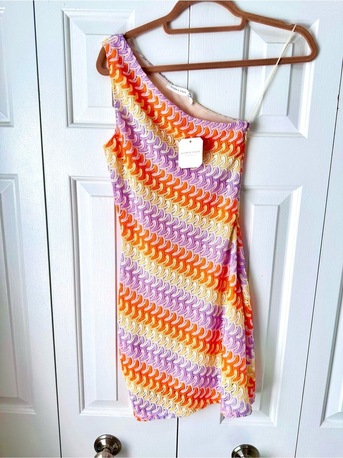Altar’d State One-Shoulder Mini Dress in Crochet Bright Stripes Size XS