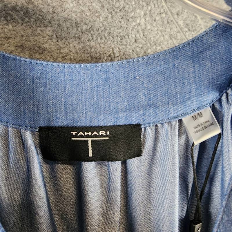 T Tahari Tiered Fit & Flare Halter Maxi Dress Womens M Denim Belted Button Strap